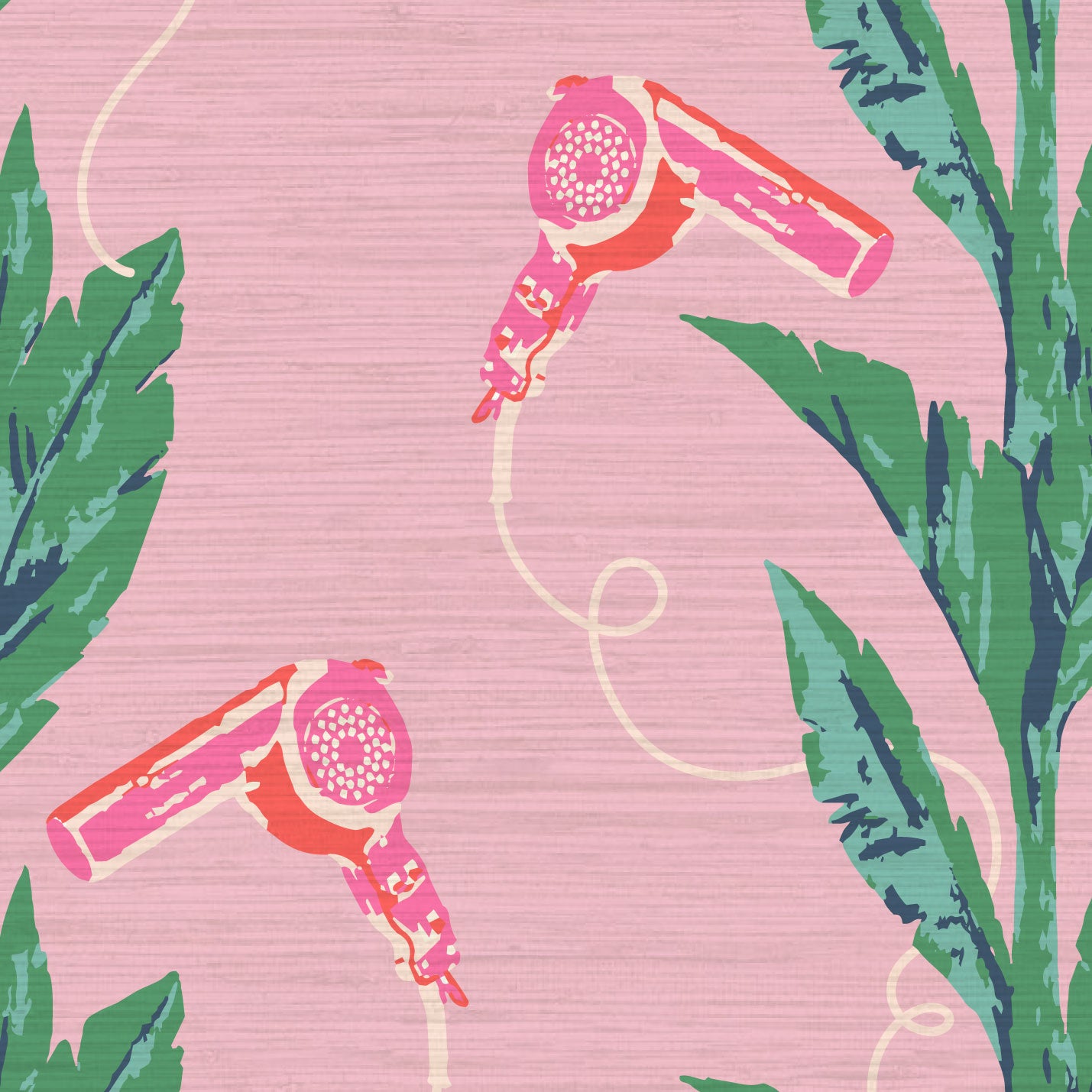 pink based printed grasscloth wallpaper with green leaf vertical stripes paired with pink hair blow dryers popping out of them.