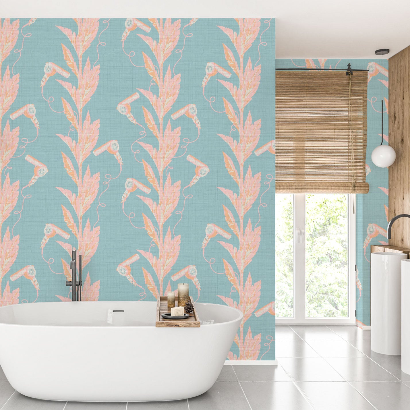 Beauty School Dropout Botanical Blowdryer Textured Performance Vinyl Wallpaper in Billy's Ocean Blue