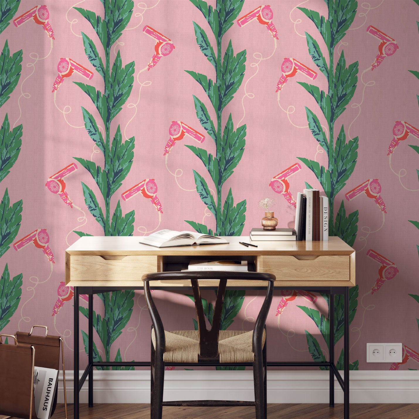 pink based printed grasscloth wallpaper with green leaf vertical stripes paired with pink hair blow dryers popping out of them. Grasscloth Natural Textured Eco-Friendly Non-toxic High-quality  Sustainable practices Sustainability Interior Design Wall covering Bold Wallpaper Custom Tailor-made Retro chic Tropical Salon  Beauty Hair Garden jungle paperweave paper weave