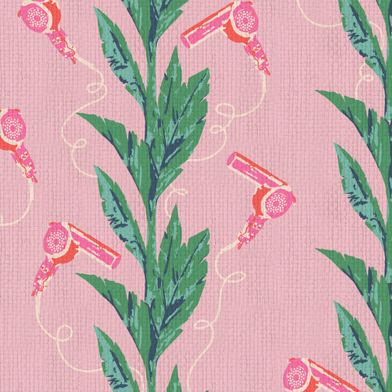 pink based printed paperweave wallpaper with green leaf vertical stripes paired with pink hair blow dryers popping out of them. paperweave Natural Textured Eco-Friendly Non-toxic High-quality  Sustainable practices Sustainability Interior Design Wall covering Bold Wallpaper Custom Tailor-made Retro chic Tropical Salon  Beauty Hair Garden jungle paperweave paper weave