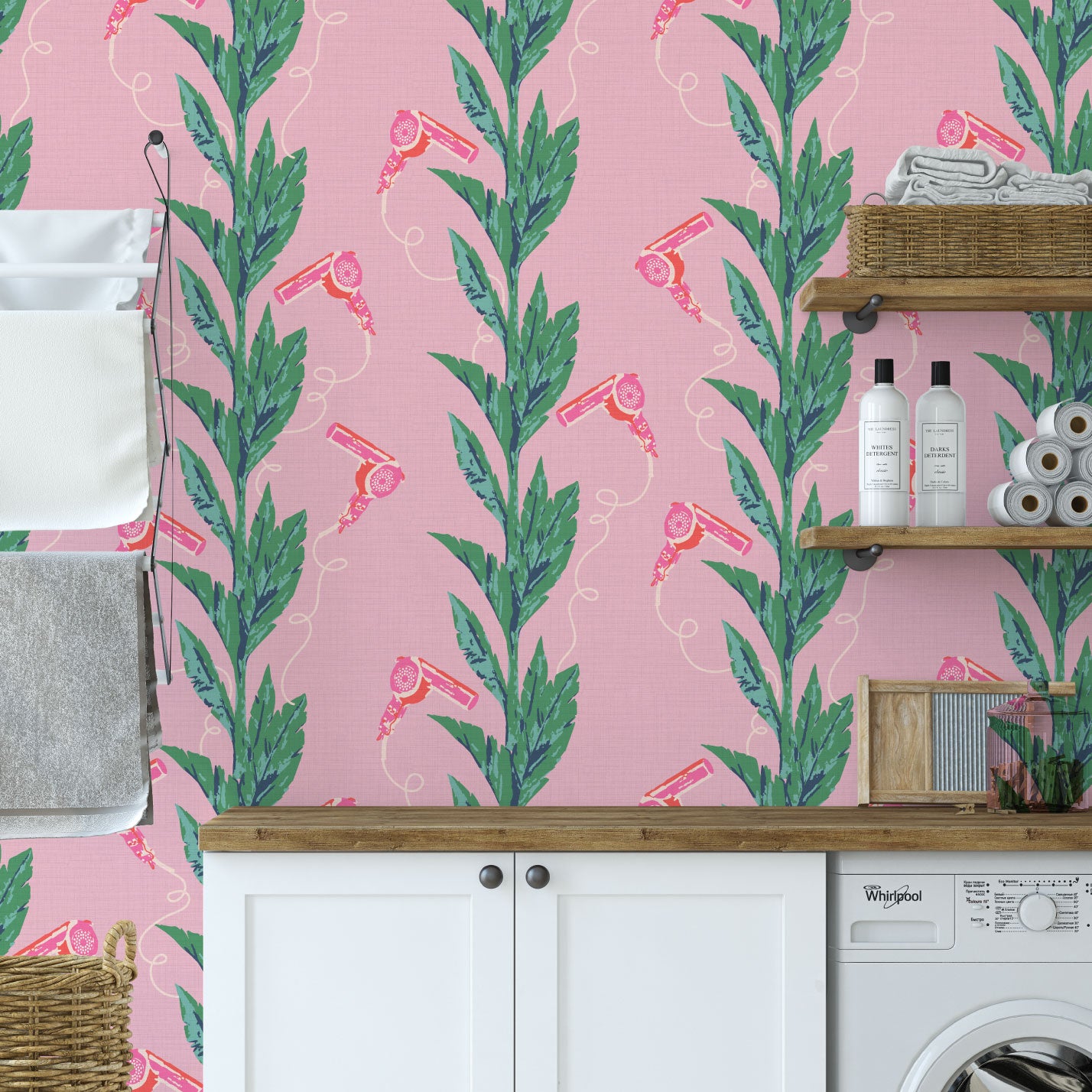 Beauty School Dropout Botanical Blowdryer Textured Performance Vinyl Wallpaper in Pink Punch