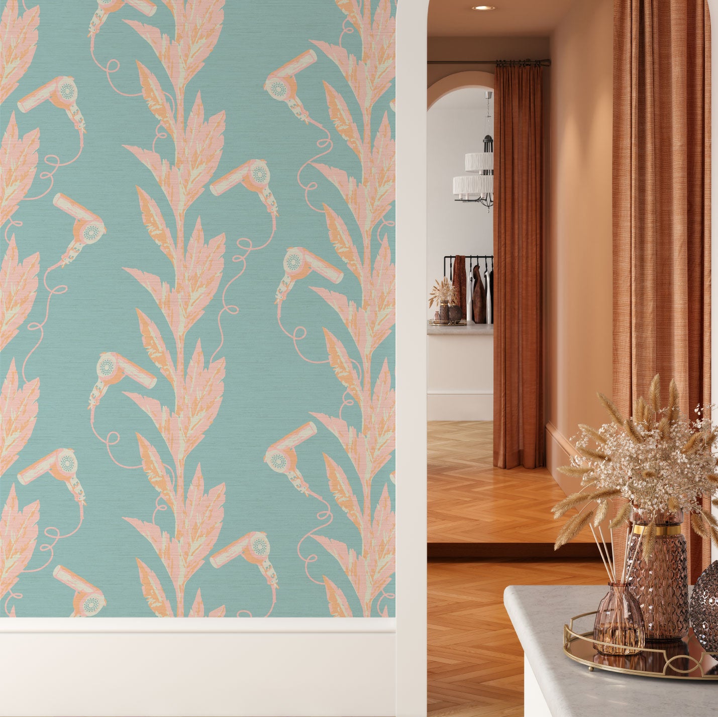 light blue based printed grasscloth wallpaper with light pink and orange palm leaf vertical stripes paired with hair blow dryers popping out of them.