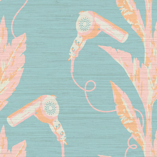light blue based printed grasscloth wallpaper with light pink and orange palm leaf vertical stripes paired with hair blow dryers popping out of them Grasscloth Natural Textured Eco-Friendly Non-toxic High-quality  Sustainable practices Sustainability Interior Design Wall covering Bold Wallpaper Custom Tailor-made Retro chic Tropical Salon  Beauty Hair Garden jungle