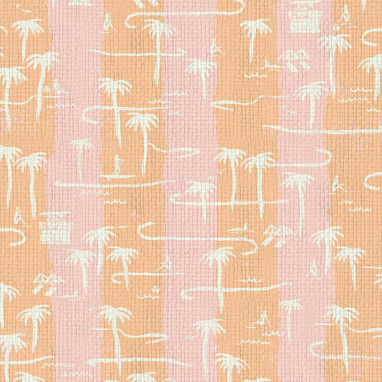 two color vertical stripe beach print featuring palm trees, beachgoers, lifeguard stands and ocean waves Paper Weave Natural Textured Eco-Friendly Non-toxic High-quality Sustainable practices Sustainability Interior Design Wall covering Bold Wallpaper Custom Tailor-made Retro chic Tropical Seaside Coastal Seashore Waterfront Vacation home styling Retreat Relaxed beach vibes Beach cottage Shoreline Oceanfront Nautical pink baby orange sunset tangerine corals