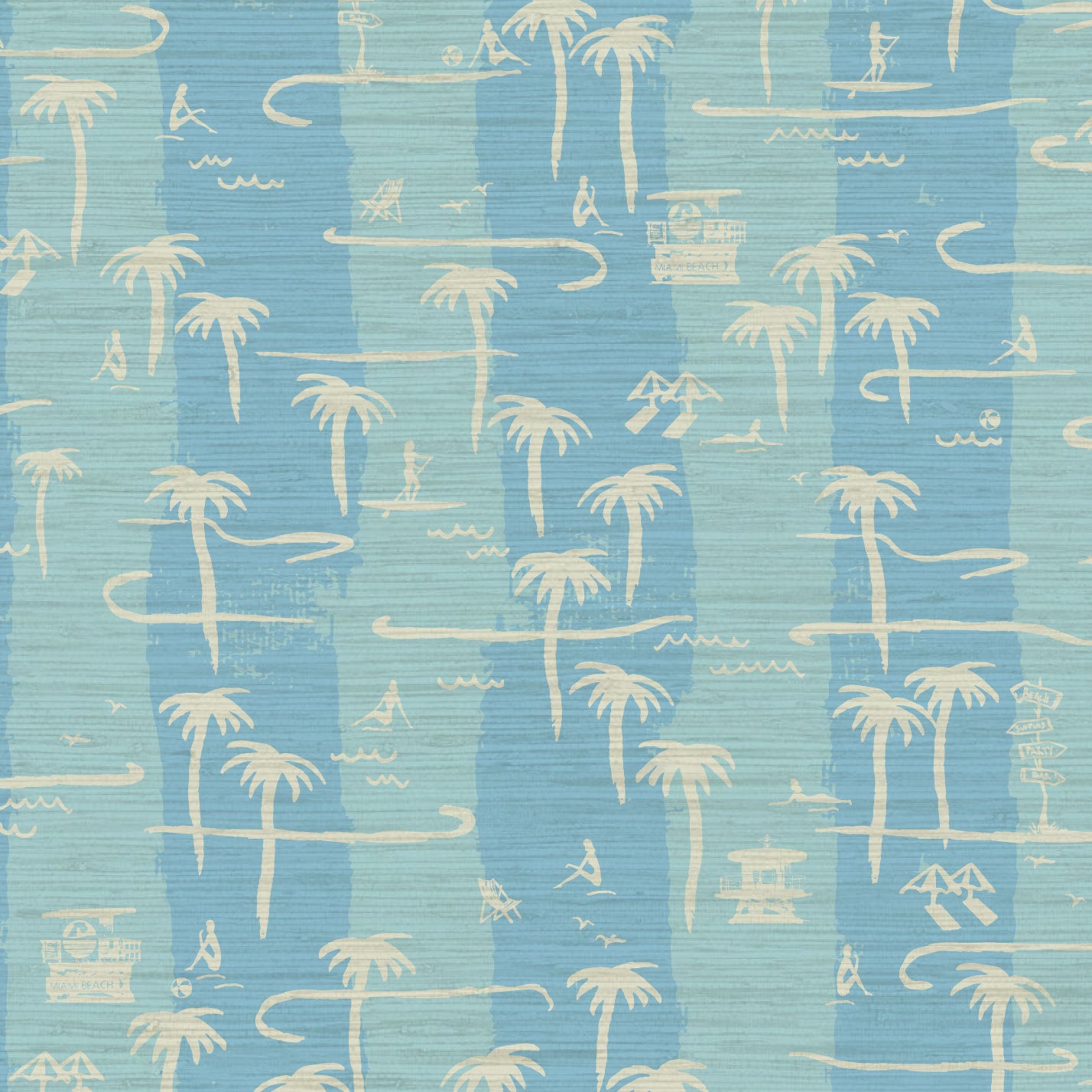 two color vertical stripe beach print featuring palm trees, beachgoers, lifeguard stands and ocean waves Grasscloth Natural Textured Eco-Friendly Non-toxic High-quality  Sustainable practices Sustainability Interior Design Wall covering Bold Wallpaper Custom Tailor-made Retro chic Tropical  Seaside Coastal Seashore Waterfront Vacation home styling Retreat Relaxed beach vibes Beach cottage Shoreline Oceanfront Nautical blue dusty teal sky light