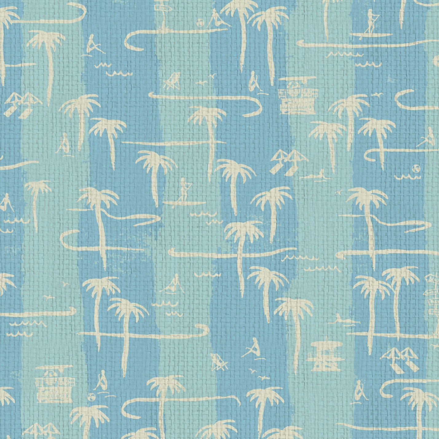 two color vertical stripe beach print featuring palm trees, beachgoers, lifeguard stands and ocean waves Grasscloth Natural Textured Eco-Friendly Non-toxic High-quality  Sustainable practices Sustainability Interior Design Wall covering Bold Wallpaper Custom Tailor-made Retro chic Tropical  Seaside Coastal Seashore Waterfront Vacation home styling Retreat Relaxed beach vibes Beach cottage Shoreline Oceanfront Nautical blue dusty teal sky light paper weave paperweave