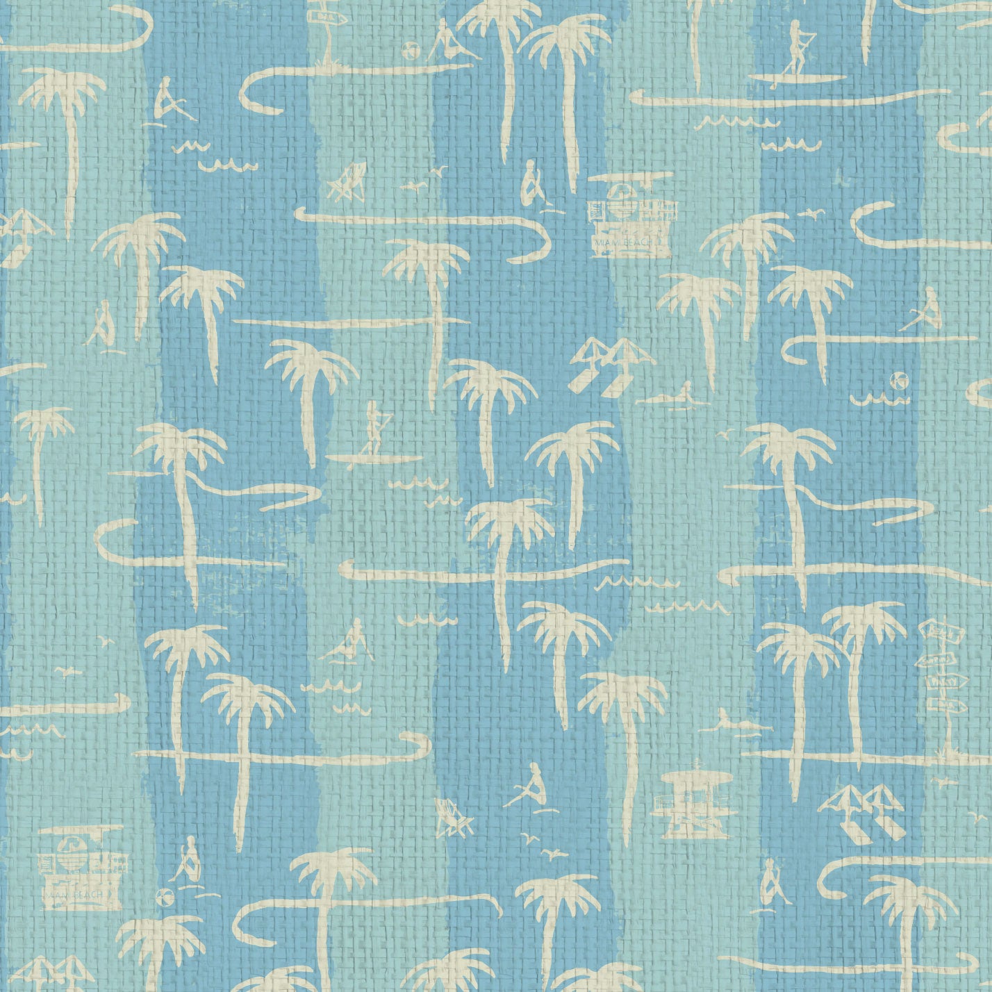 two color vertical stripe beach print featuring palm trees, beachgoers, lifeguard stands and ocean waves Grasscloth Natural Textured Eco-Friendly Non-toxic High-quality  Sustainable practices Sustainability Interior Design Wall covering Bold Wallpaper Custom Tailor-made Retro chic Tropical  Seaside Coastal Seashore Waterfront Vacation home styling Retreat Relaxed beach vibes Beach cottage Shoreline Oceanfront Nautical blue dusty teal sky light paper weave paperweave