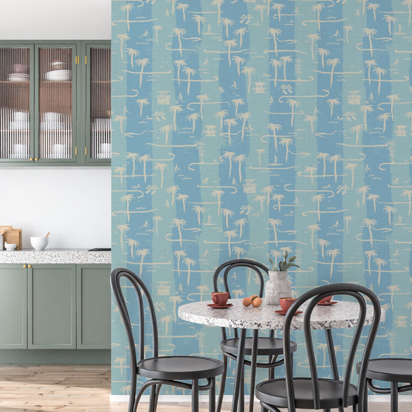 Bernie's Beach Striped Toile Textured Performance Vinyl Wallpaper in Billy's Ocean