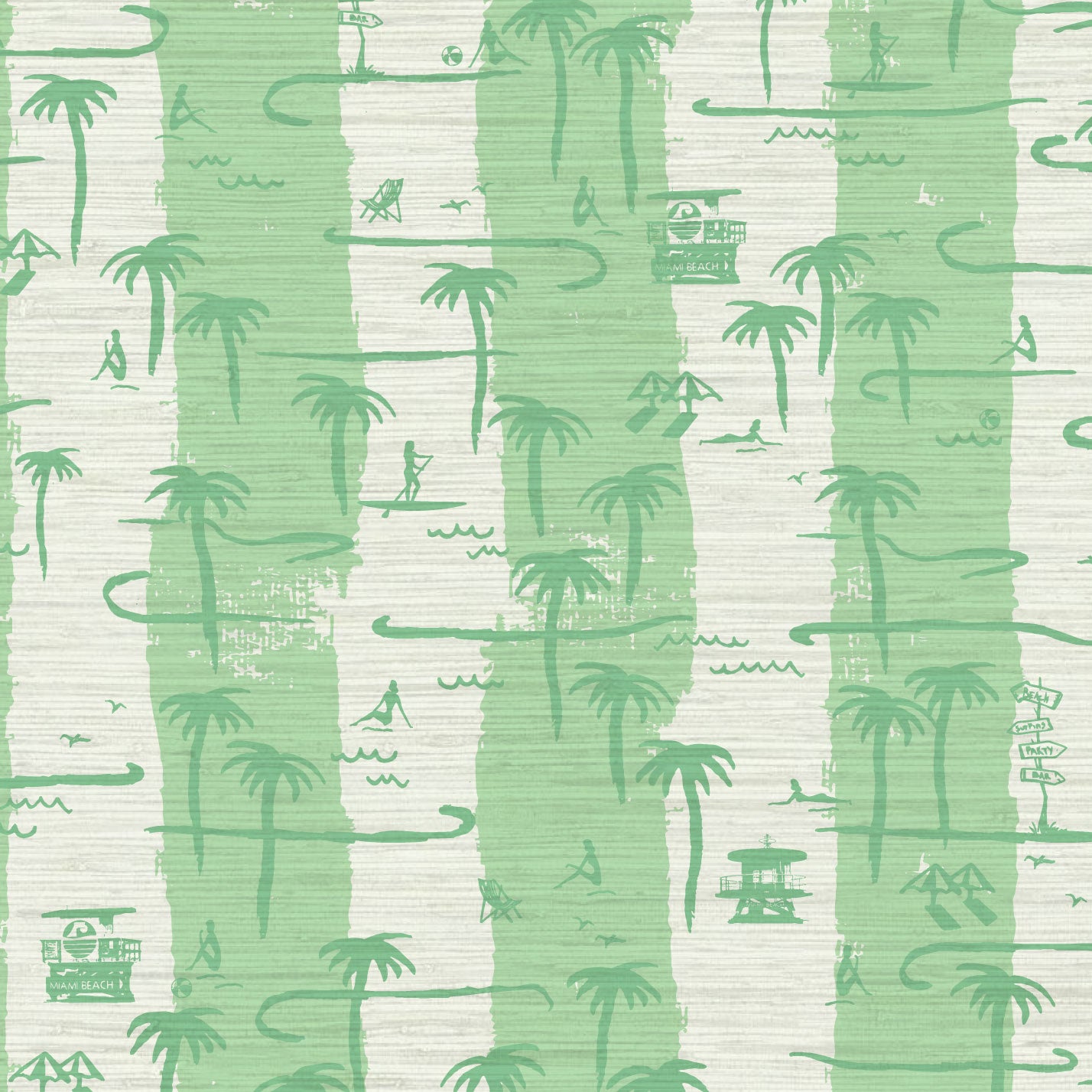 two color vertical stripe beach print featuring palm trees, beachgoers, lifeguard stands and ocean waves Grasscloth Natural Textured Eco-Friendly Non-toxic High-quality Sustainable practices Sustainability Interior Design Wall covering Bold Wallpaper Custom Tailor-made Retro chic Tropical Seaside Coastal Seashore Waterfront Vacation home styling Retreat Relaxed beach vibes Beach cottage Shoreline Oceanfront Nautical white green mint tropical jungle