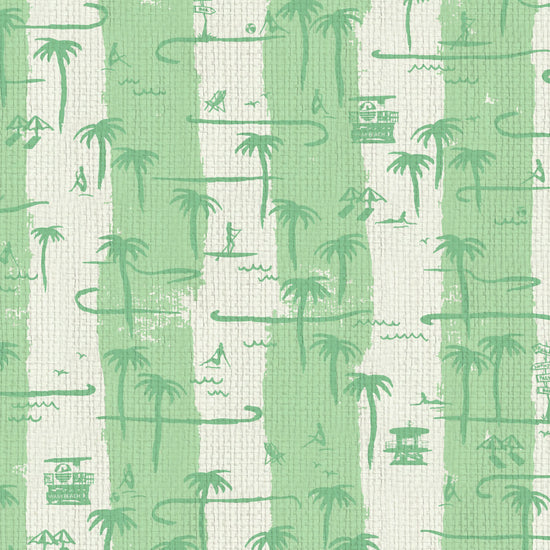 wo color vertical stripe beach print featuring palm trees, beachgoers, lifeguard stands and ocean waves Grasscloth Natural Textured Eco-Friendly Non-toxic High-quality Sustainable practices Sustainability Interior Design Wall covering Bold Wallpaper Custom Tailor-made Retro chic Tropical Seaside Coastal Seashore Waterfront Vacation home styling Retreat Relaxed beach vibes Beach cottage Shoreline Oceanfront Nautical white green mint tropical jungle paperweave paper weave