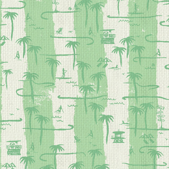 wo color vertical stripe beach print featuring palm trees, beachgoers, lifeguard stands and ocean waves Grasscloth Natural Textured Eco-Friendly Non-toxic High-quality Sustainable practices Sustainability Interior Design Wall covering Bold Wallpaper Custom Tailor-made Retro chic Tropical Seaside Coastal Seashore Waterfront Vacation home styling Retreat Relaxed beach vibes Beach cottage Shoreline Oceanfront Nautical white green mint tropical jungle paperweave paper weave