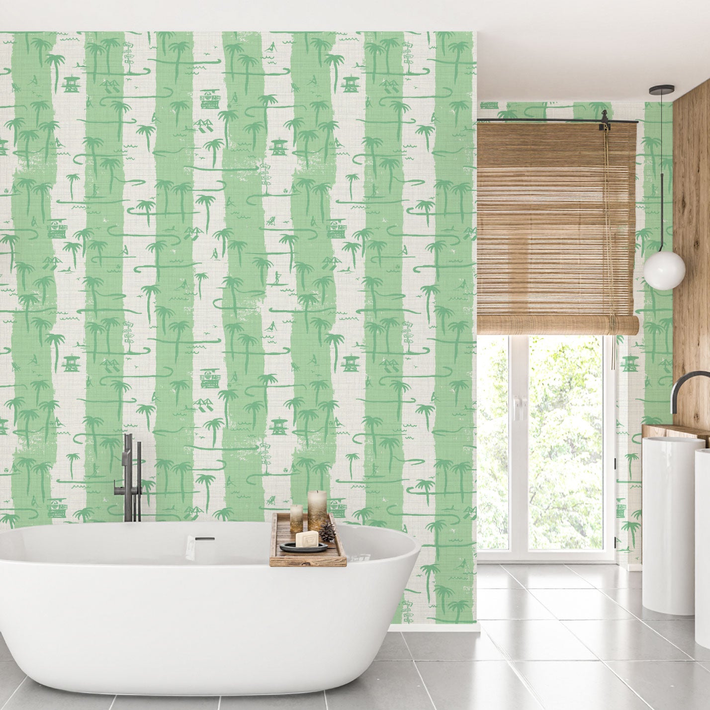 Bernie's Beach Striped Toile Textured Performance Vinyl Wallpaper in Mint Green