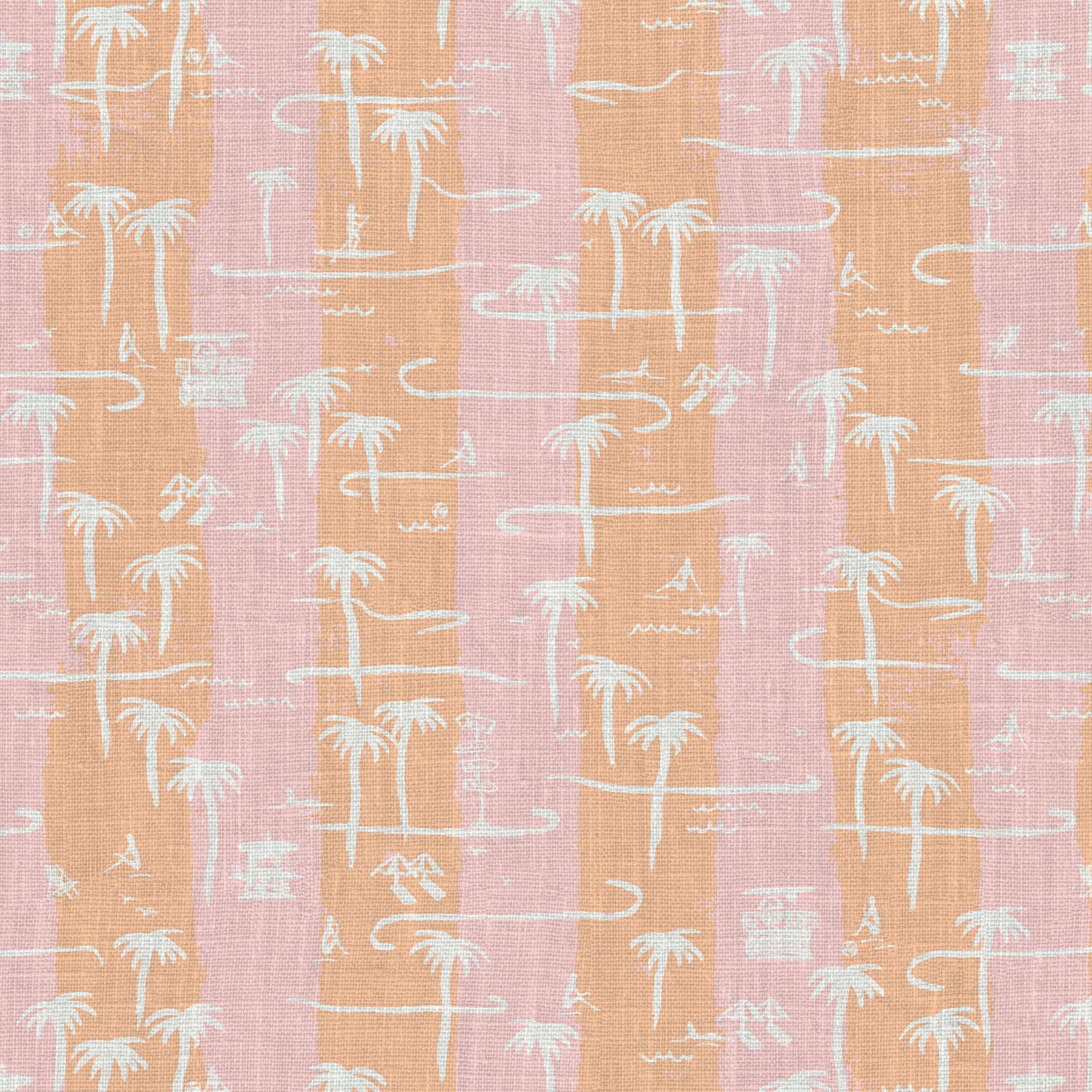 two color vertical stripe beach print featuring palm trees, beachgoers, lifeguard stands and ocean waves Eco-Friendly Non-toxic High-quality Sustainable practices Sustainability Interior Design Bold Custom Tailor-made Retro chic Tropical Seaside Coastal Seashore Waterfront Vacation home styling Retreat Relaxed beach vibes Beach cottage Shoreline Oceanfront Nautical pink baby orange sunset tangerine corals fabric upholstery