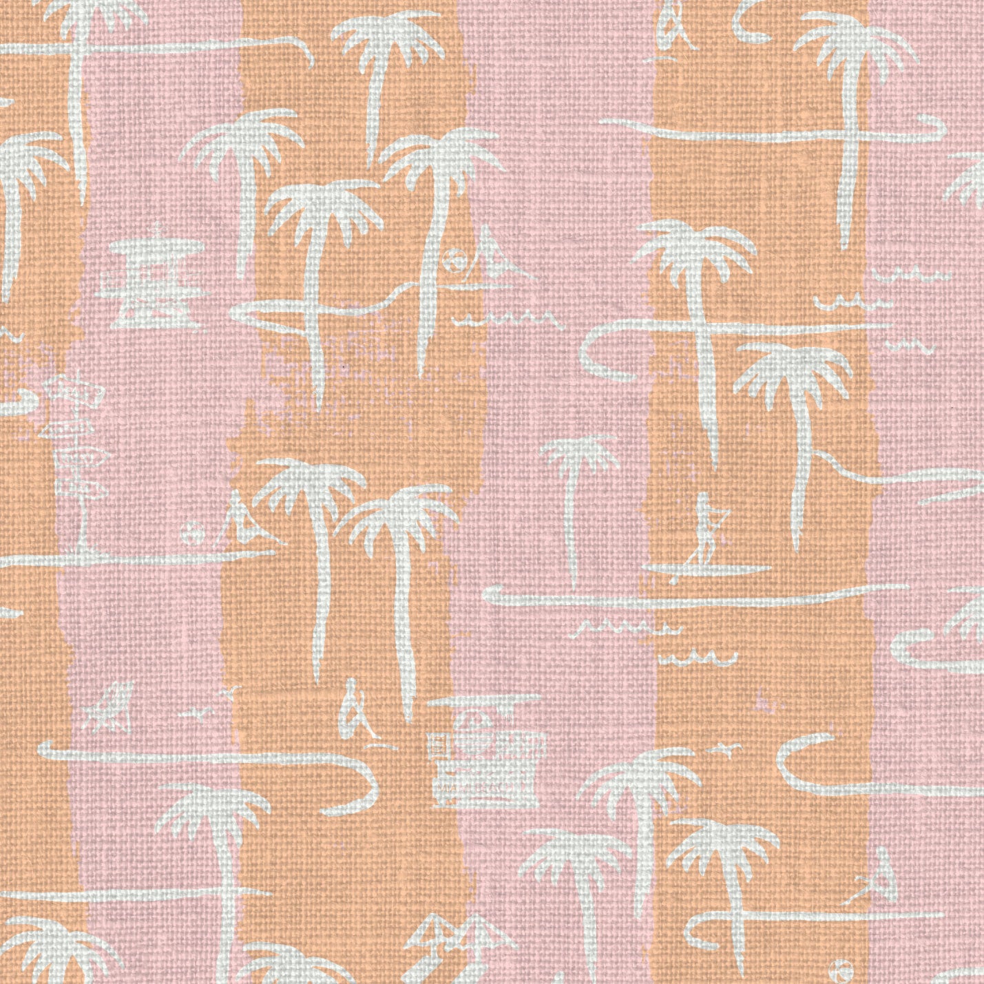 two color vertical stripe beach print featuring palm trees, beachgoers, lifeguard stands and ocean waves Eco-Friendly Non-toxic High-quality Sustainable practices Sustainability Interior Design Bold Custom Tailor-made Retro chic Tropical Seaside Coastal Seashore Waterfront Vacation home styling Retreat Relaxed beach vibes Beach cottage Shoreline Oceanfront Nautical pink baby orange sunset tangerine corals fabric upholstery