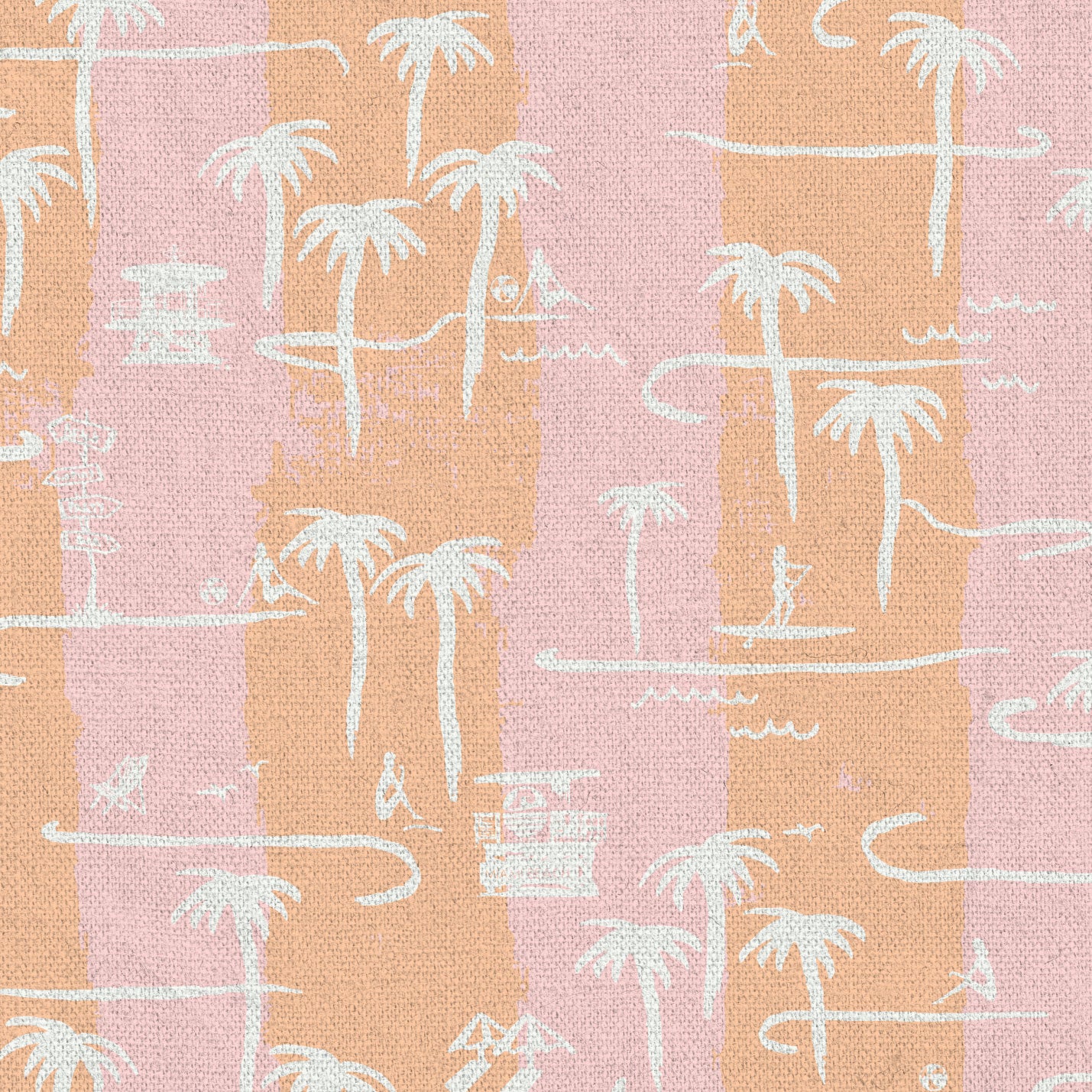 two color vertical stripe beach print featuring palm trees, beachgoers, lifeguard stands and ocean waves Eco-Friendly Non-toxic High-quality Sustainable practices Sustainability Interior Design Bold Custom Tailor-made Retro chic Tropical Seaside Coastal Seashore Waterfront Vacation home styling Retreat Relaxed beach vibes Beach cottage Shoreline Oceanfront Nautical pink baby orange sunset tangerine corals fabric upholstery