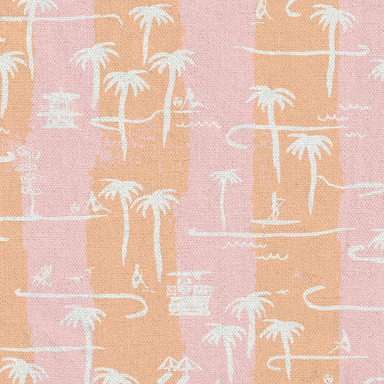 two color vertical stripe beach print featuring palm trees, beachgoers, lifeguard stands and ocean waves Eco-Friendly Non-toxic High-quality Sustainable practices Sustainability Interior Design Bold Custom Tailor-made Retro chic Tropical Seaside Coastal Seashore Waterfront Vacation home styling Retreat Relaxed beach vibes Beach cottage Shoreline Oceanfront Nautical pink baby orange sunset tangerine corals fabric upholstery