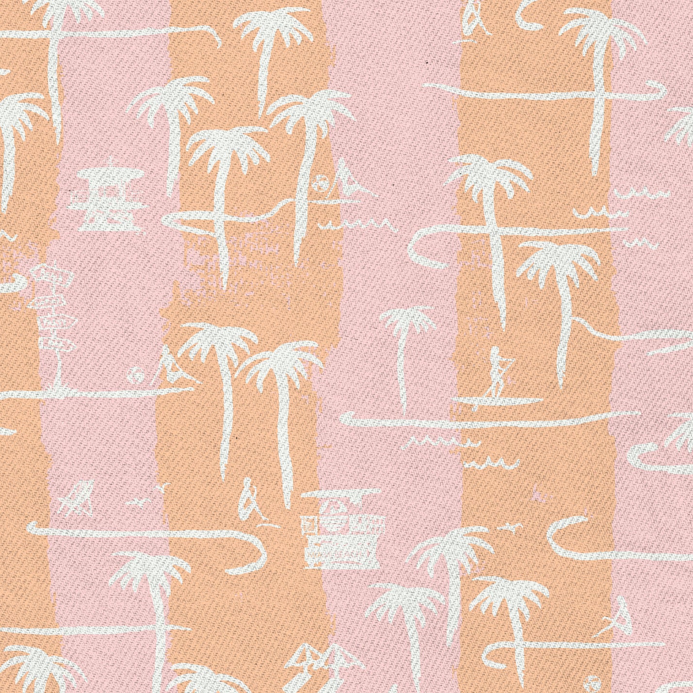 two color vertical stripe beach print featuring palm trees, beachgoers, lifeguard stands and ocean waves Eco-Friendly Non-toxic High-quality Sustainable practices Sustainability Interior Design Bold Custom Tailor-made Retro chic Tropical Seaside Coastal Seashore Waterfront Vacation home styling Retreat Relaxed beach vibes Beach cottage Shoreline Oceanfront Nautical pink baby orange sunset tangerine corals fabric upholstery