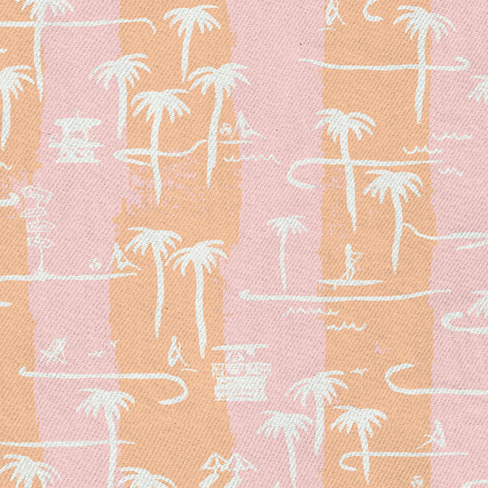 two color vertical stripe beach print featuring palm trees, beachgoers, lifeguard stands and ocean waves Eco-Friendly Non-toxic High-quality Sustainable practices Sustainability Interior Design Bold Custom Tailor-made Retro chic Tropical Seaside Coastal Seashore Waterfront Vacation home styling Retreat Relaxed beach vibes Beach cottage Shoreline Oceanfront Nautical pink baby orange sunset tangerine corals fabric upholstery