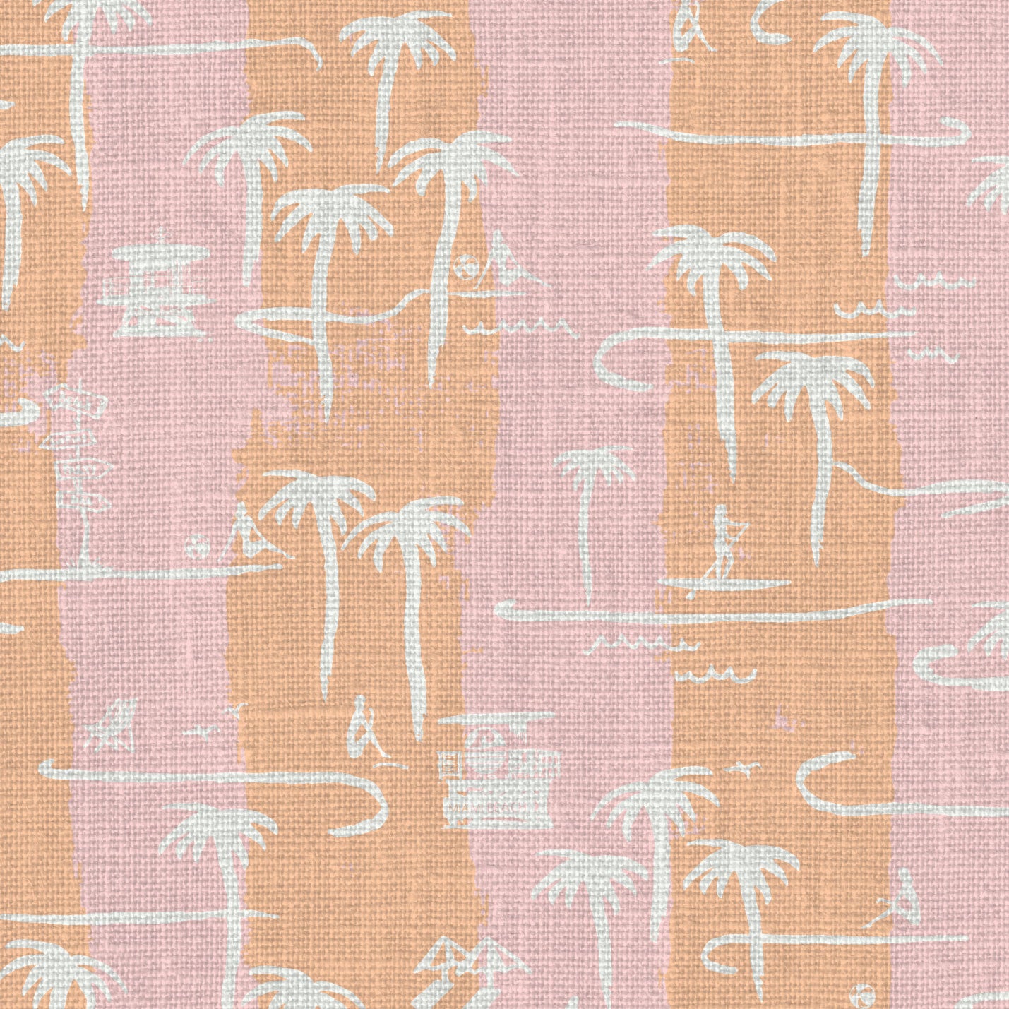 two color vertical stripe beach print featuring palm trees, beachgoers, lifeguard stands and ocean waves linen Natural Textured Eco-Friendly Non-toxic High-quality Sustainable practices Sustainability Interior Design Wall covering Bold Wallpaper Custom Tailor-made Retro chic Tropical Seaside Coastal Seashore Waterfront Vacation home styling Retreat Relaxed beach vibes Beach cottage Shoreline Oceanfront Nautical pink baby orange sunset tangerine corals