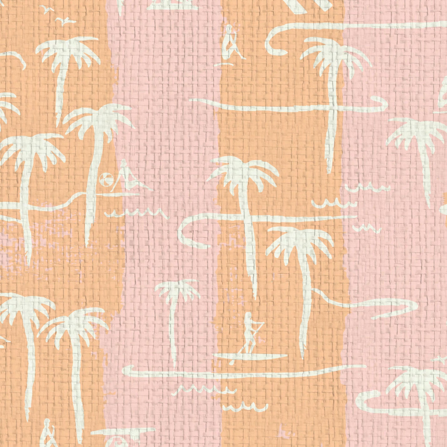 two color vertical stripe beach print featuring palm trees, beachgoers, lifeguard stands and ocean waves Paper weave Natural Textured Eco-Friendly Non-toxic High-quality Sustainable practices Sustainability Interior Design Wall covering Bold Wallpaper Custom Tailor-made Retro chic Tropical Seaside Coastal Seashore Waterfront Vacation home styling Retreat Relaxed beach vibes Beach cottage Shoreline Oceanfront Nautical pink baby orange sunset tangerine corals