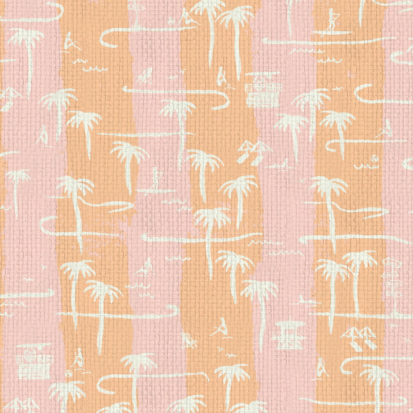 two color vertical stripe beach print featuring palm trees, beachgoers, lifeguard stands and ocean waves Paper Weave Natural Textured Eco-Friendly Non-toxic High-quality Sustainable practices Sustainability Interior Design Wall covering Bold Wallpaper Custom Tailor-made Retro chic Tropical Seaside Coastal Seashore Waterfront Vacation home styling Retreat Relaxed beach vibes Beach cottage Shoreline Oceanfront Nautical pink baby orange sunset tangerine corals