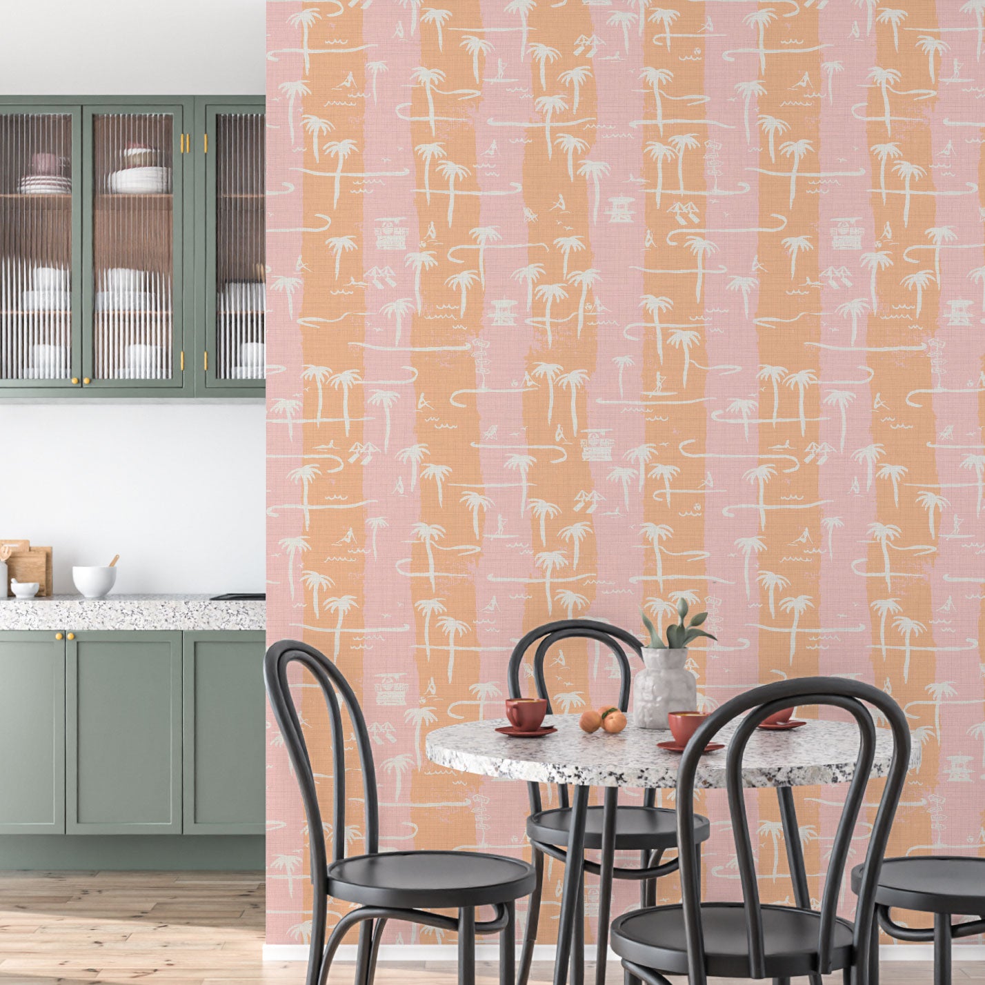 Bernie's Beach Striped Toile Textured Performance Vinyl Wallpaper in Orange Sherbet