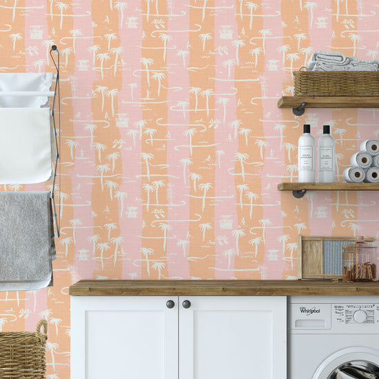 Bernie's Beach Striped Toile Textured Performance Vinyl Wallpaper in Orange Sherbet