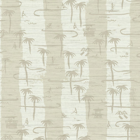 two color vertical stripe beach print featuring palm trees, beachgoers, lifeguard stands and ocean waves Grasscloth Natural Textured Eco-Friendly Non-toxic High-quality Sustainable practices Sustainability Interior Design Wall covering Bold Wallpaper Custom Tailor-made Retro chic Tropical Seaside Coastal Seashore Waterfront Vacation home styling Retreat Relaxed beach vibes Beach cottage Shoreline Oceanfront Nautical white tan sand cream offwhite sand