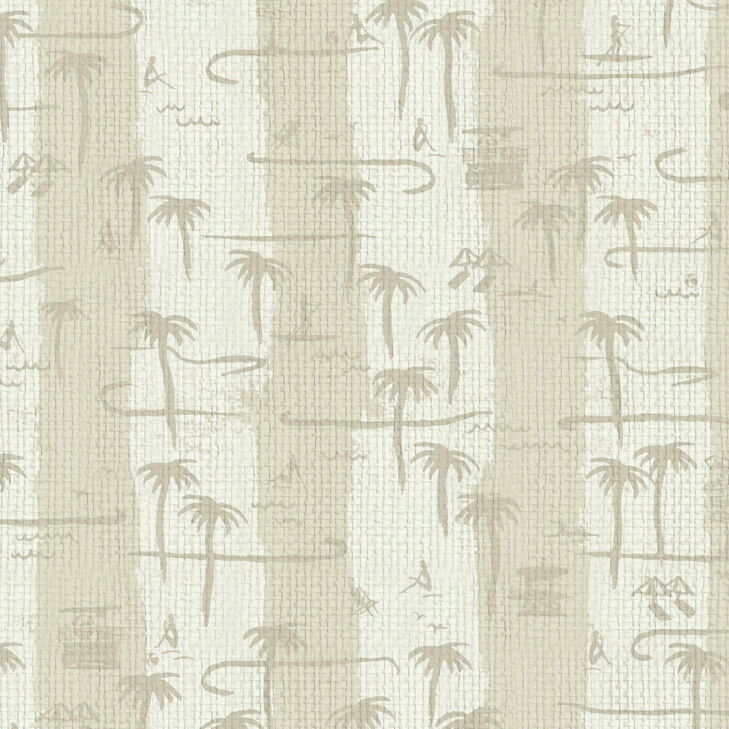 two color vertical stripe beach print featuring palm trees, beachgoers, lifeguard stands and ocean waves Grasscloth Natural Textured Eco-Friendly Non-toxic High-quality Sustainable practices Sustainability Interior Design Wall covering Bold Wallpaper Custom Tailor-made Retro chic Tropical Seaside Coastal Seashore Waterfront Vacation home styling Retreat Relaxed beach vibes Beach cottage Shoreline Oceanfront Nautical white tan sand cream offwhite sand paper weave paperweave