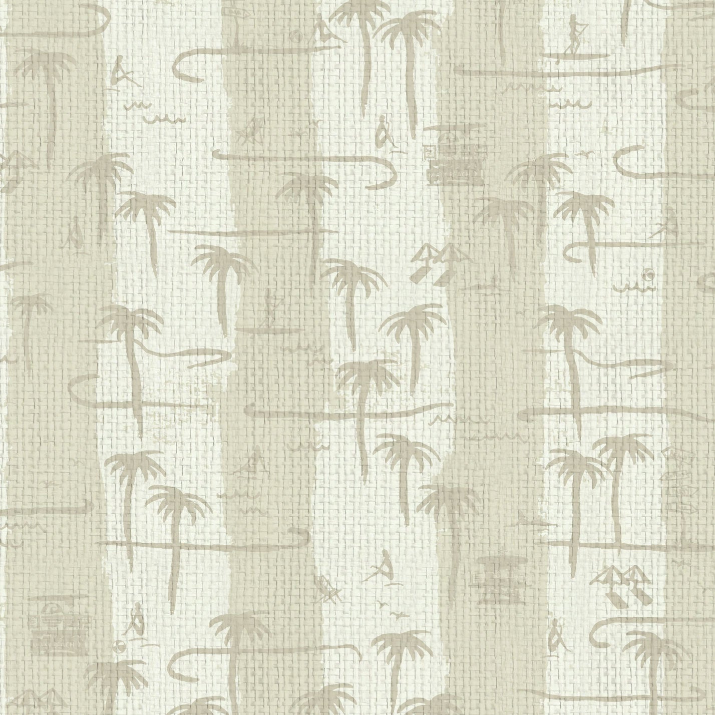 two color vertical stripe beach print featuring palm trees, beachgoers, lifeguard stands and ocean waves Grasscloth Natural Textured Eco-Friendly Non-toxic High-quality Sustainable practices Sustainability Interior Design Wall covering Bold Wallpaper Custom Tailor-made Retro chic Tropical Seaside Coastal Seashore Waterfront Vacation home styling Retreat Relaxed beach vibes Beach cottage Shoreline Oceanfront Nautical white tan sand cream offwhite sand paper weave paperweave