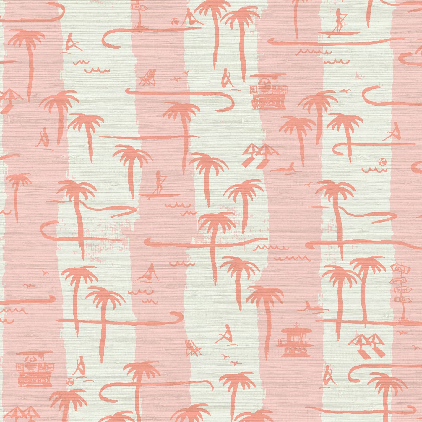 two color vertical stripe beach print featuring palm trees, beachgoers, lifeguard stands and ocean waves Grasscloth Natural Textured Eco-Friendly Non-toxic High-quality Sustainable practices Sustainability Interior Design Wall covering Bold Wallpaper Custom Tailor-made Retro chic Tropical Seaside Coastal Seashore Waterfront Vacation home styling Retreat Relaxed beach vibes Beach cottage Shoreline Oceanfront Nautical white pink baby light coral dark pink red