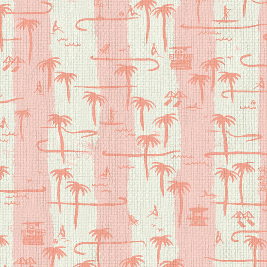 two color vertical stripe beach print featuring palm trees, beachgoers, lifeguard stands and ocean waves Grasscloth Natural Textured Eco-Friendly Non-toxic High-quality Sustainable practices Sustainability Interior Design Wall covering Bold Wallpaper Custom Tailor-made Retro chic Tropical Seaside Coastal Seashore Waterfront Vacation home styling Retreat Relaxed beach vibes Beach cottage Shoreline Oceanfront Nautical white pink baby light coral dark pink red paperweave paper weave