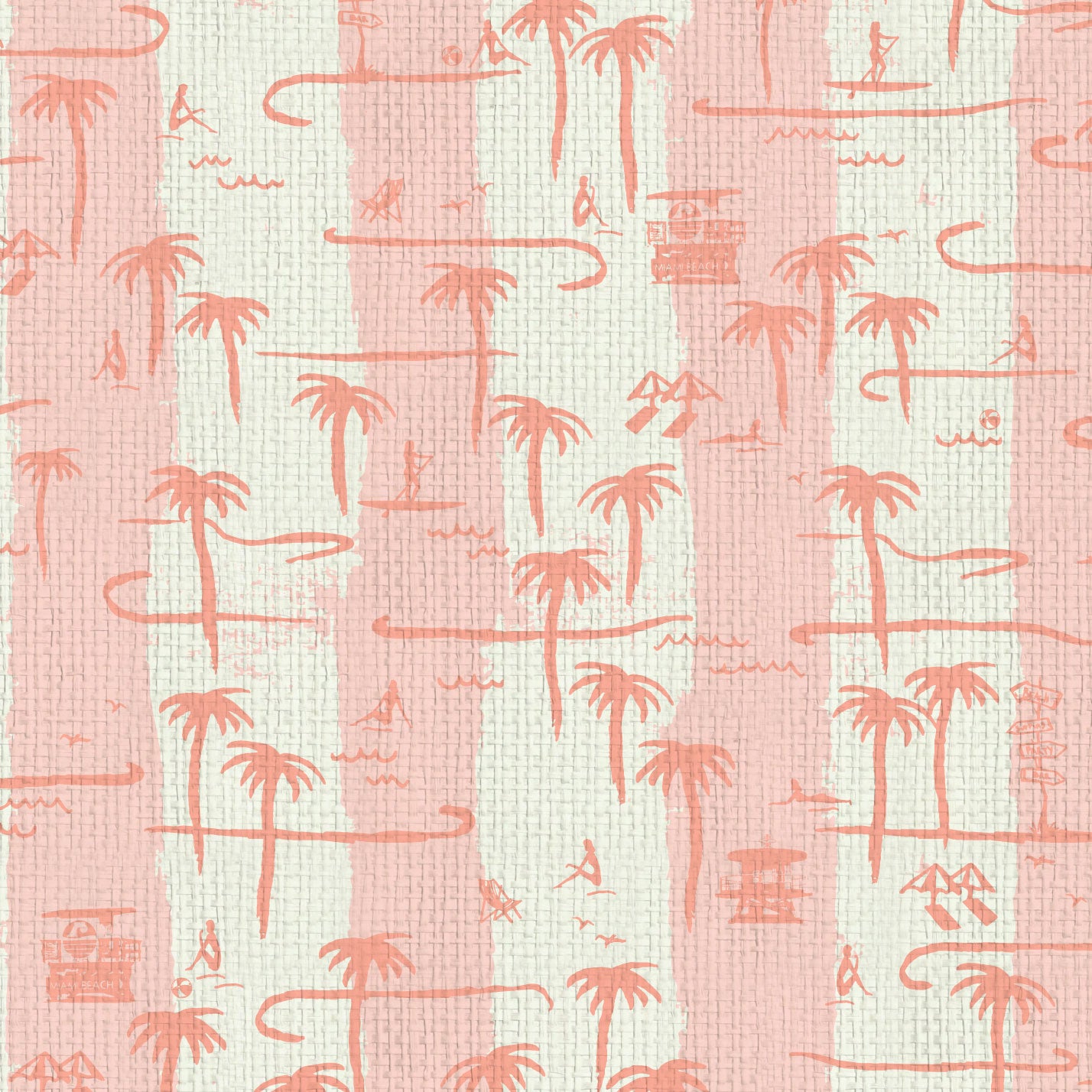 two color vertical stripe beach print featuring palm trees, beachgoers, lifeguard stands and ocean waves Grasscloth Natural Textured Eco-Friendly Non-toxic High-quality Sustainable practices Sustainability Interior Design Wall covering Bold Wallpaper Custom Tailor-made Retro chic Tropical Seaside Coastal Seashore Waterfront Vacation home styling Retreat Relaxed beach vibes Beach cottage Shoreline Oceanfront Nautical white pink baby light coral dark pink red paperweave paper weave