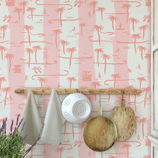 Bernie's Beach Striped Toile Textured Performance Vinyl Wallpaper in Strawberry Shortcake