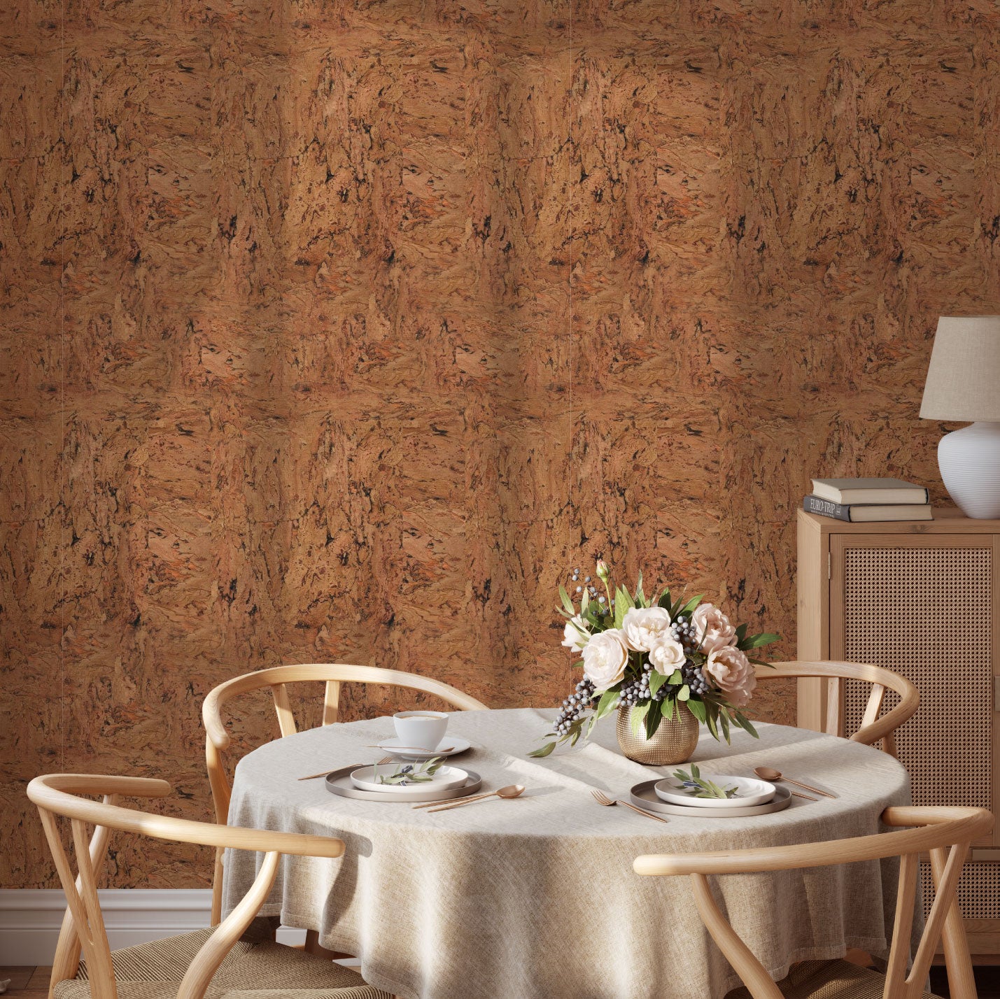 Natural Textured Eco-Friendly Non-toxic High-quality  Sustainable practices Sustainability Interior Design Wall covering Bold Wallpaper Custom Tailor-made Retro chic cork nature luxury metallic shiny wood timeless coastal vacation interior design grain high-end dark brown light dining room