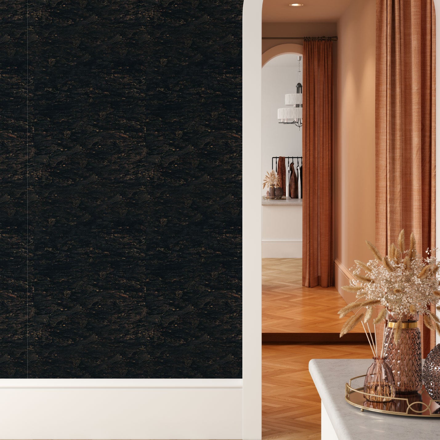 Natural Textured Eco-Friendly Non-toxic High-quality Sustainable practices Sustainability Interior Design Wall covering Bold Wallpaper Custom Tailor-made Retro chic cork nature luxury metallic shiny wood timeless coastal vacation interior design grain high-end dark brown black