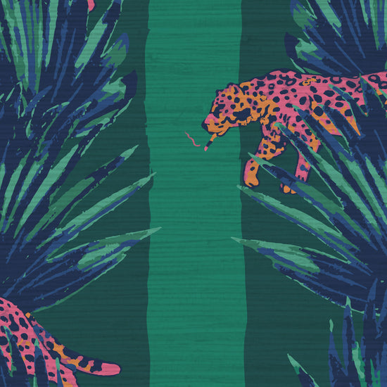 tonal green stripe wide stripe vertical leaf jungle leaf tropical cheetah cat wild animal smoking cigarette texture eco friendly natural grasscloth wallpaper wall covering sustainable interior design ocean front tropical beachside vacation relaxed cottage shoreline 