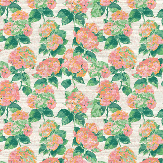 Grasscloth Paperweave wallpaper Natural Textured Eco-Friendly Non-toxic High-quality Sustainable Interior Design Bold Custom Tailor-made Retro chic Grand millennial Maximalism Traditional Dopamine decor coastal garden hydrangea preppy pink peach orange coral green cabana kids cottage seashore feminine girly flower botanical