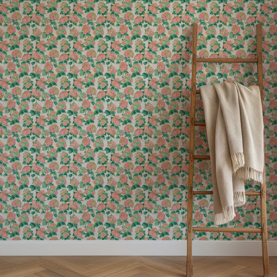 wallpaper Natural Textured Eco-Friendly Non-toxic High-quality  Sustainable Interior Design Bold Custom Tailor-made Retro chic Grand millennial Maximalism  Traditional Dopamine decor coastal garden hydrangea preppy  cabana kids cottage seashore feminine girly flower botanical linen luxury high end pink coral orange