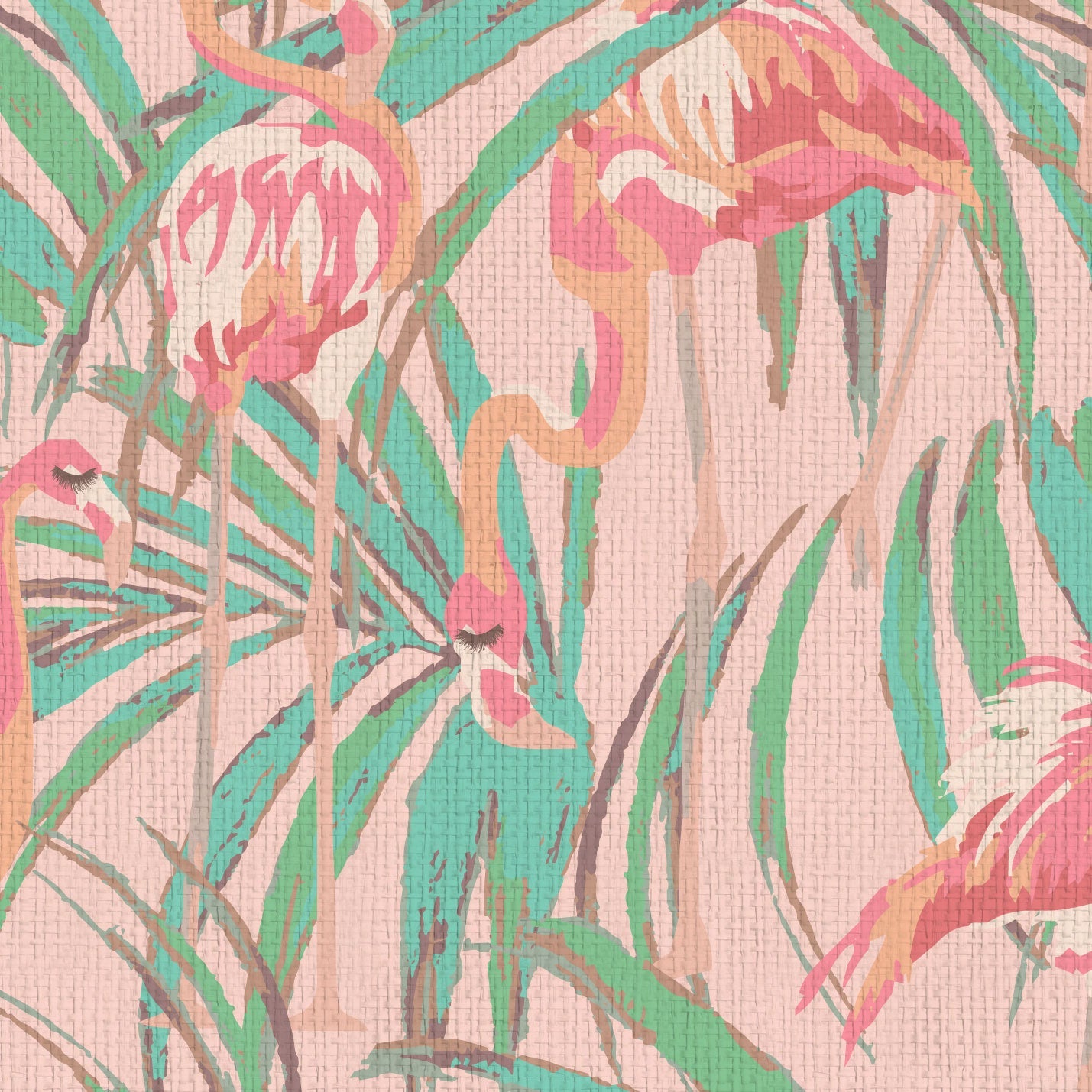 light pink printed paper weave wallpaper with oversized palm leaves layered with extra large flamingos in shades of pink luscious eyelashes brow beauty bar medspa salon Grasscloth Natural Textured Eco-Friendly Non-toxic High-quality Sustainable practices Sustainability Interior Design Wall covering Bold Wallpaper Custom Tailor-made Retro chic Tropical Beauty Hair Garden jungle Seaside Coastal Seashore Waterfront Vacation home styling Retreat Relaxed Beach cottage animal bird palm leaf tree