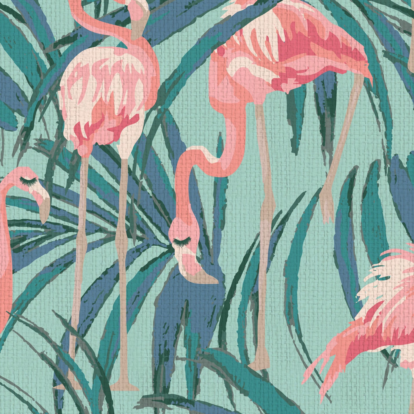 light blue teal printed paper weave wallpaper with oversized palm leaves layered with extra large flamingos in shades of pink luscious eyelashes brow beauty bar medspa salon Grasscloth Natural Textured Eco-Friendly Non-toxic High-quality Sustainable practices Sustainability Interior Design Wall covering Bold Wallpaper Custom Tailor-made Retro chic Tropical Beauty Hair Garden jungle Seaside Coastal Seashore Waterfront Vacation home styling Retreat Relaxed Beach cottage animal bird palm leaf tree