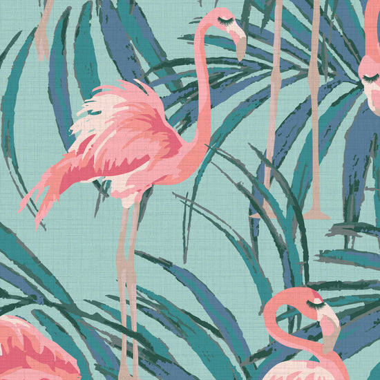 Born This Way Flamingo & Palm Leaf Textured Performance Vinyl Wallpaper in Ocean Waves