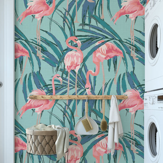 Born This Way Flamingo & Palm Leaf Textured Performance Vinyl Wallpaper in Ocean Waves