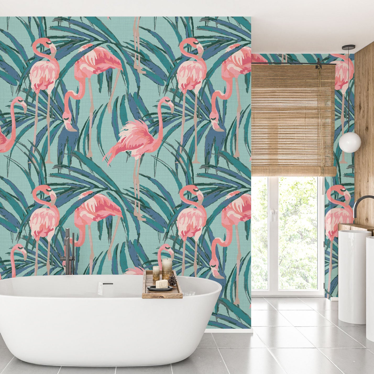 Born This Way Flamingo & Palm Leaf Textured Performance Vinyl Wallpaper in Ocean Waves