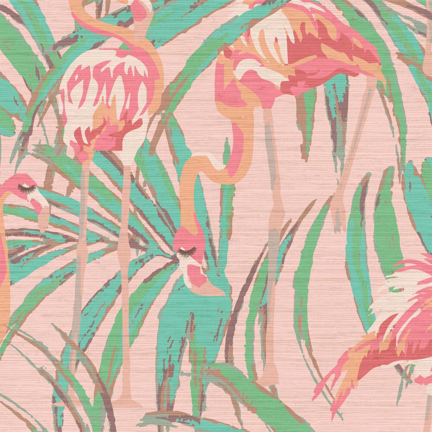 light pink printed grasscloth wallpaper with oversized palm leaves layered with extra large flamingos in shades of pink with unexpected luscious eyelashes