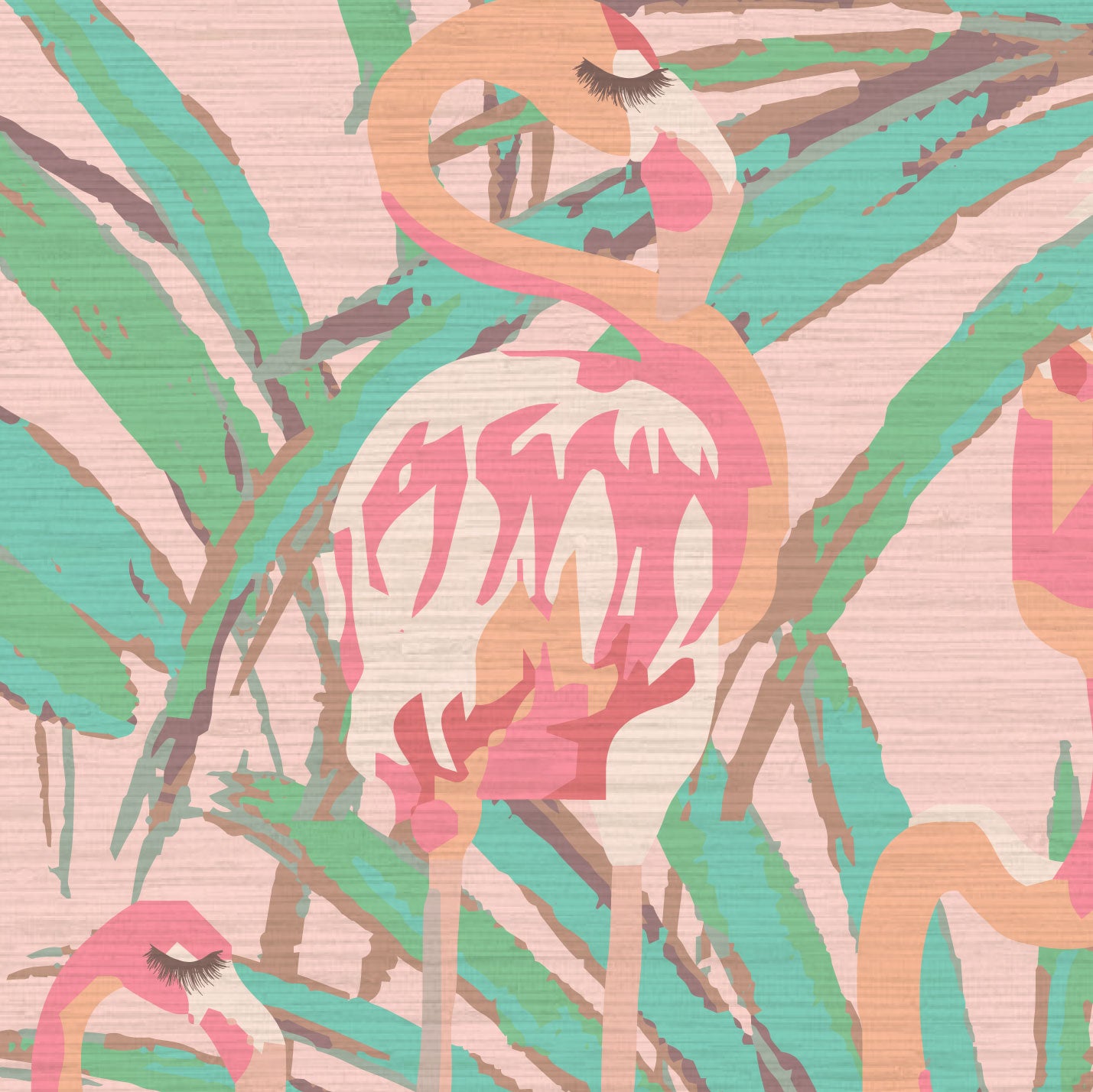 light pink printed grasscloth wallpaper with oversized palm leaves layered with extra large flamingos in shades of pink with unexpected luscious eyelashes