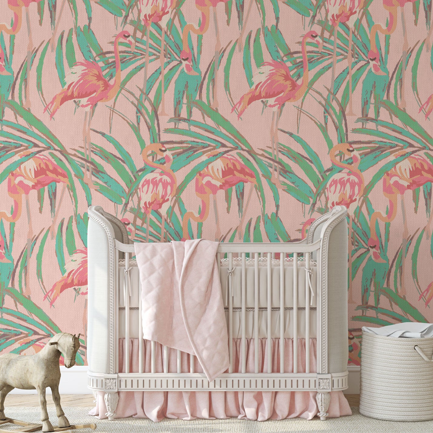 light pink printed paper weave wallpaper with oversized palm leaves layered with extra large flamingos in shades of pink luscious eyelashes brow beauty bar medspa salon Grasscloth Natural Textured Eco-Friendly Non-toxic High-quality Sustainable practices Sustainability Interior Design Wall covering Bold Wallpaper Custom Tailor-made Retro chic Tropical Beauty Hair Garden jungle Seaside Coastal Seashore Waterfront Vacation home styling Retreat Relaxed Beach cottage animal bird palm leaf tree