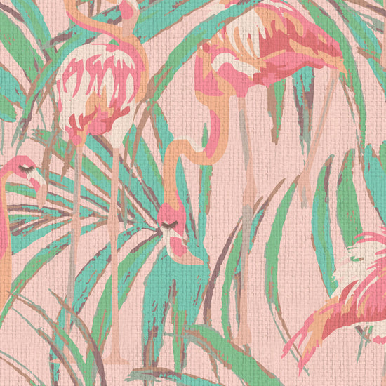 light pink printed paper weave wallpaper with oversized palm leaves layered with extra large flamingos in shades of pink luscious eyelashes brow beauty bar medspa salon Grasscloth Natural Textured Eco-Friendly Non-toxic High-quality Sustainable practices Sustainability Interior Design Wall covering Bold Wallpaper Custom Tailor-made Retro chic Tropical Beauty Hair Garden jungle Seaside Coastal Seashore Waterfront Vacation home styling Retreat Relaxed Beach cottage animal bird palm leaf tree