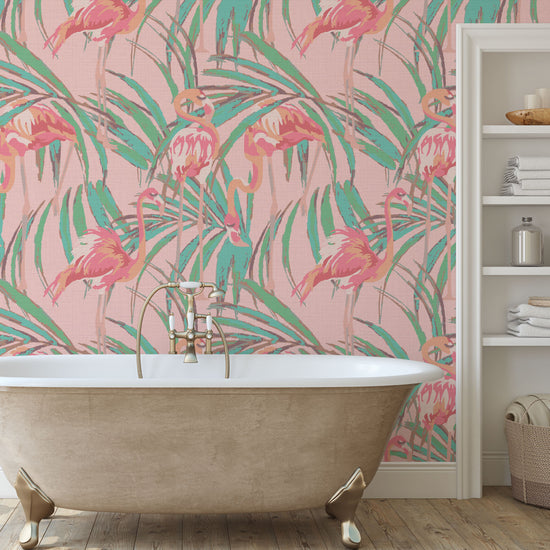 Born This Way Flamingo & Palm Leaf Textured Performance Vinyl Wallpaper in Coral Splashes