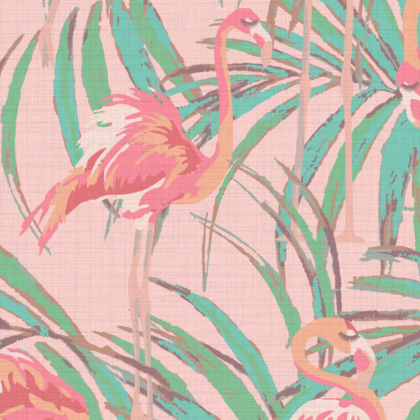 light blue teal printed wallpaper with oversized palm leaves layered with extra large flamingos in shades of pink luscious eyelashes brow beauty bar medspa salon Textured High-quality Interior Design Wall covering Bold Wallpaper Custom Tailor-made Retro chic Tropical Beauty Hair Garden jungle Seaside Coastal Seashore Waterfront Vacation home styling Retreat Relaxed Beach cottage animal bird palm leaf tree performance vinyl waterproof washable moisture resistant commercial fire rated